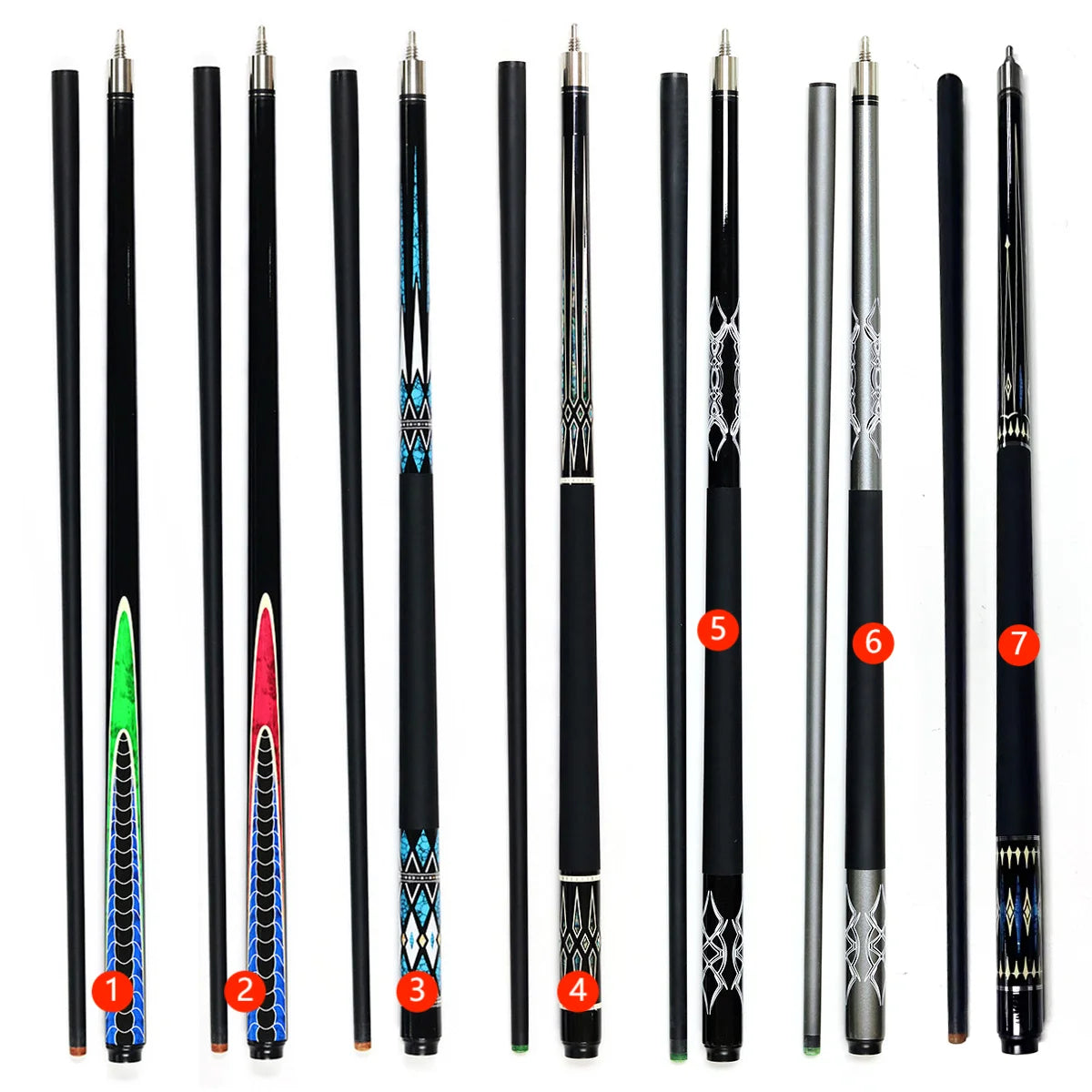 Superior Assorted Colors Carbon Fiber 1/2 Jointed 57inch 12.5mm Tip Billiard Pool Cue