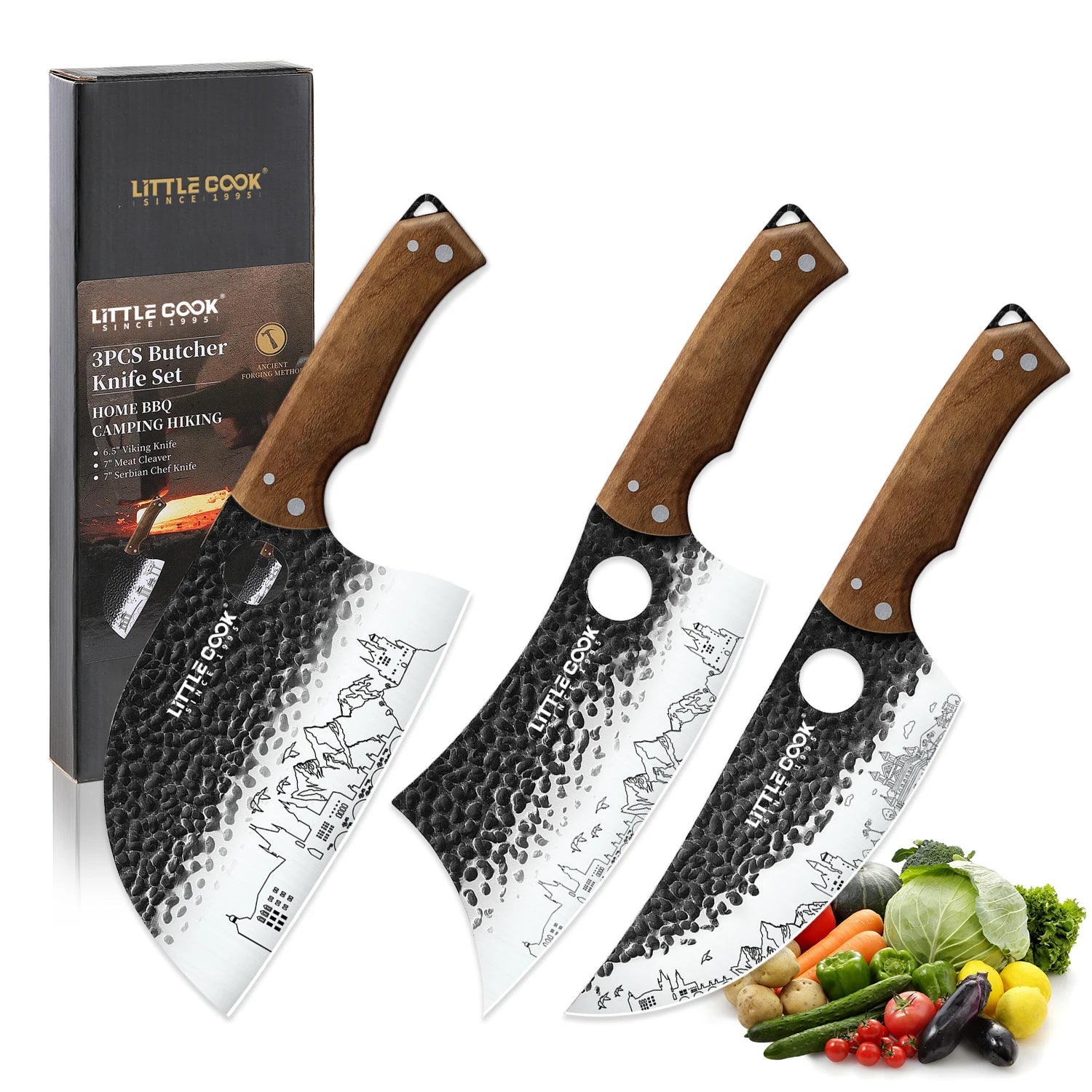 Unique Design 3PCS Stainless Steel Kitchen Butcher Viking Serbain Chef Knife Set with Luxury Wooden Handle for Cooking Cutting