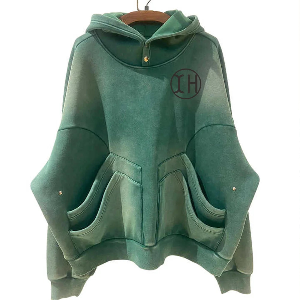 Online Retailer Oversize Men Winter Hoodies Washed Vintage Terry Fleece Print Double Pockets Pullover Sweatshirt 100% Cotton