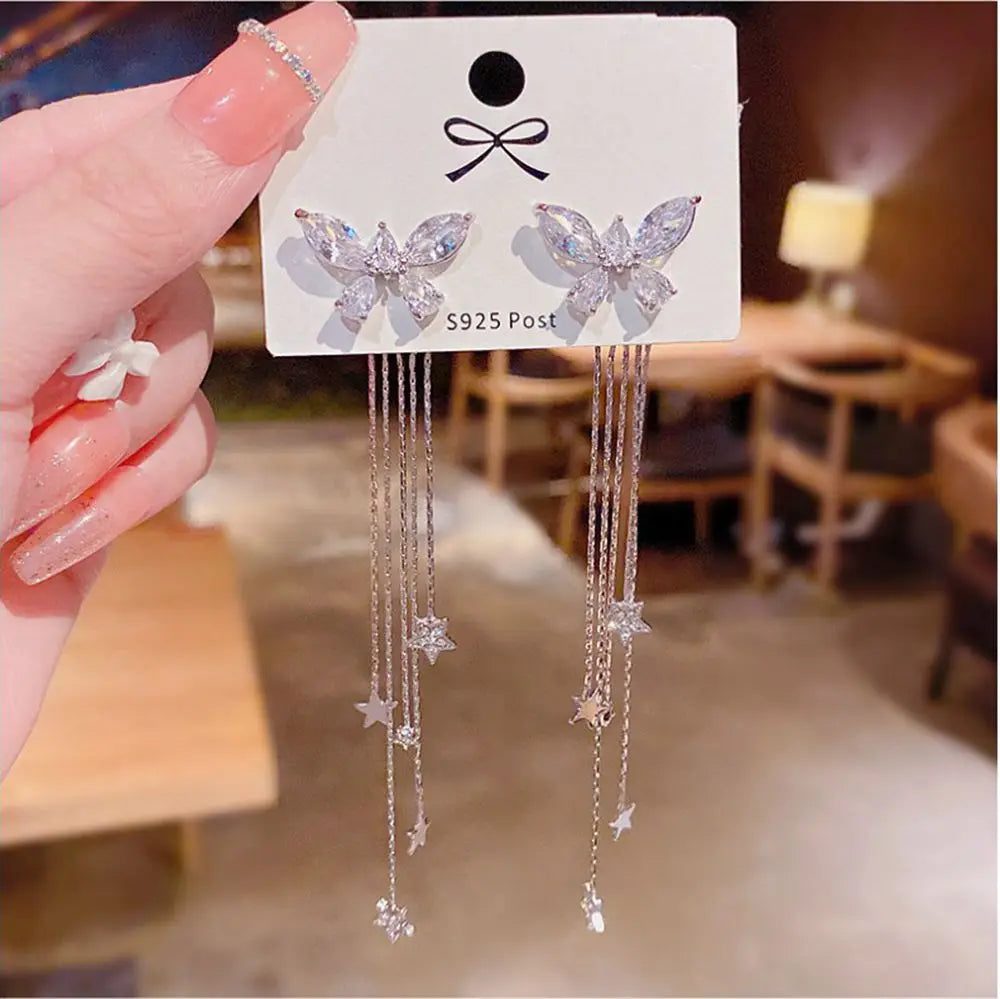 Hot Selling Brass S925 Silver Thread Stud Earrings Butterfly Tassel Zircon Earrings Tassel Chain Earrings for Women