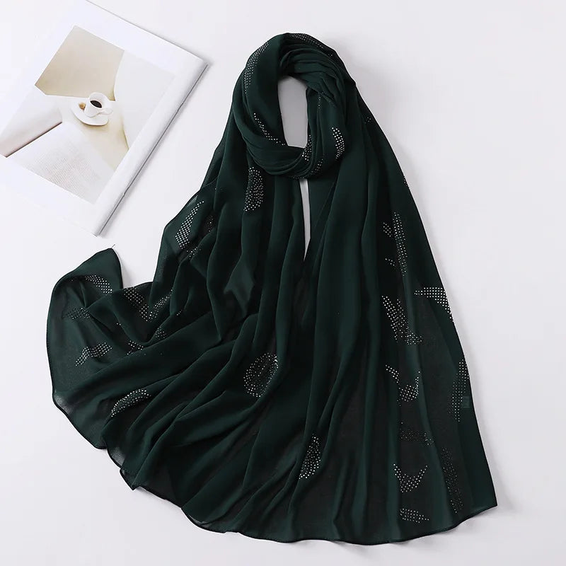 Malaysia Fashion Muslim Women Rhinestone Hijabs Scarf Wrap Islamic Ladies Diamond Chiffon Head Scarves 70*175cm