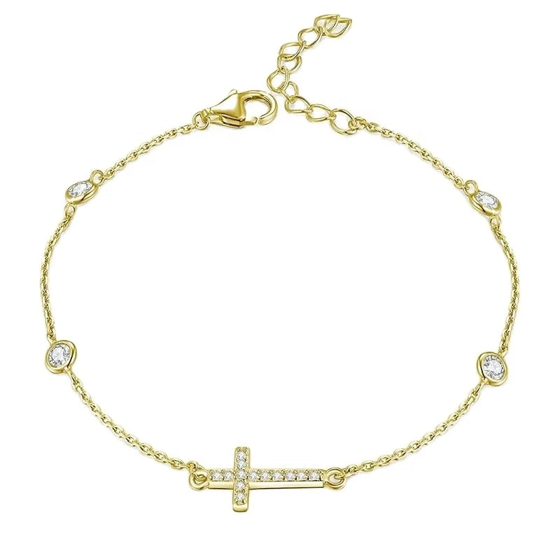 Sideway Cross Bezel Adjustable 925 Sterling Silver Gold Later Link Chain Bar Bracelet