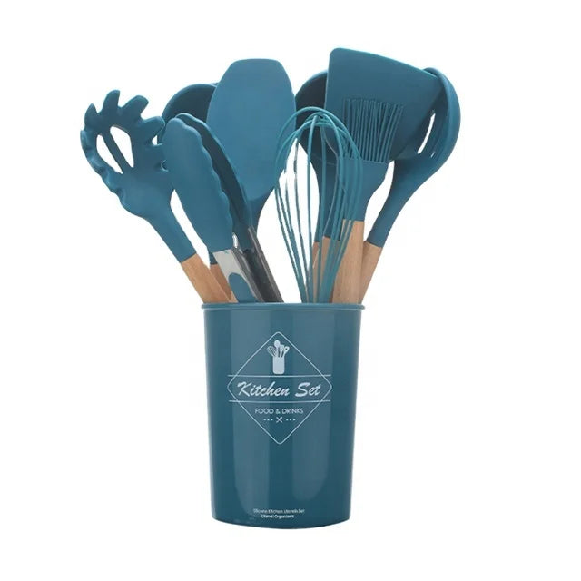 Silicone Kitchen Utensil  Kitchen Ware  Set Cooking Utensil with Wooden Handle