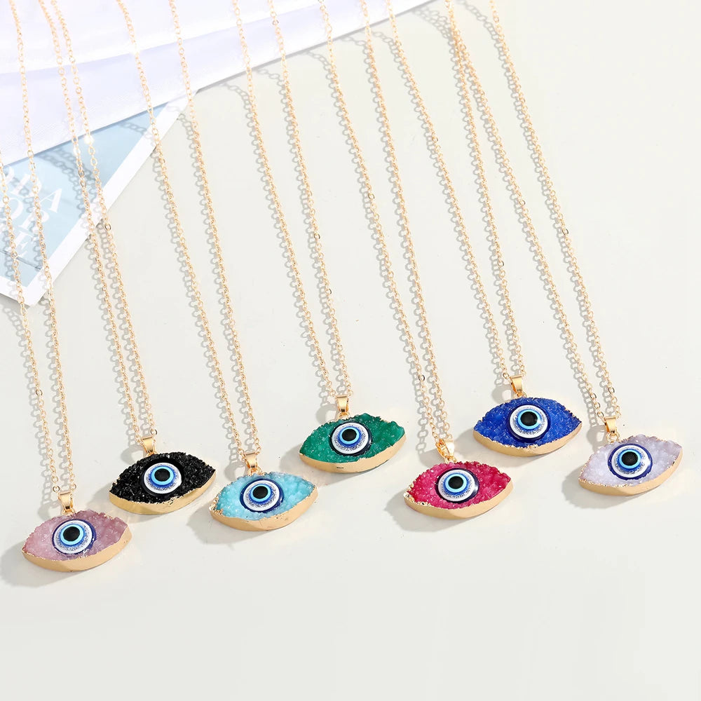 Wholesale Resin Druzy Stone Pendant Charm Lucky Blue Turkish Evil Eye Necklace Jewelry for Woman