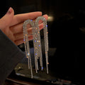 925 Silver Needle Exaggerated Crystal Rhinestone Statement Earrings Shiny Full Diamond Long Tassel Earrings