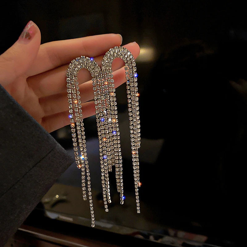 925 Silver Needle Exaggerated Crystal Rhinestone Statement Earrings Shiny Full Diamond Long Tassel Earrings