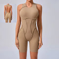 2025 Women's Sports Gym Jumpsuit Brown Sleeveless Bodysuit Backless Design New Neck Splicing Three-Dimensional Wiring Playsuits