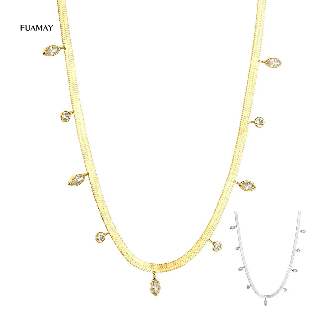 FUAMAY Silver Pear Baguette Round Cushion Shape Diamond 925 Herringbone Chokers Necklaces Woman Ladies