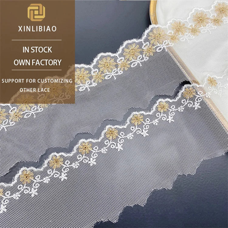 Water Soluble 100% Polyester Lace Gold Thread White with Gold Floral Garment Accessories Skirt Trim Mesh Embroidery
