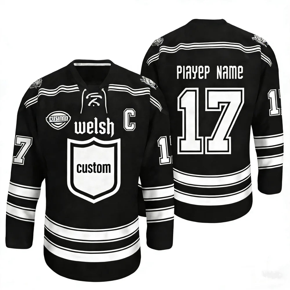 Fashion Custom Printed Embroidery Logo Children's Hockey Jerseys 100% Polyester Moisture-Wicking Breathable Black Oversized