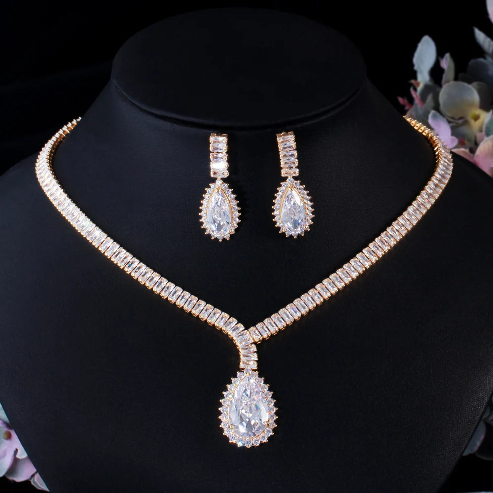 Bridal Costume Jewelry CZ Big Tear Drop Earrings and Necklace Set Cubic Zirconia Women Evening Wedding Luxury Dress Decoration