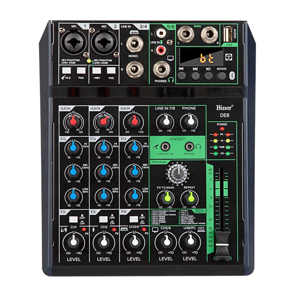 Biner DE8 Professional Connection 6 Channel Mini Audio Mixer for Computer Recording Live