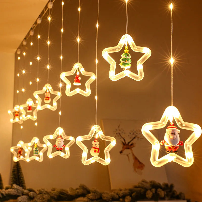 Christmas Decoration Pentagram Circles Christmas Tree Curtain Lights 8 Function Remote Control Room Window Mall Holiday