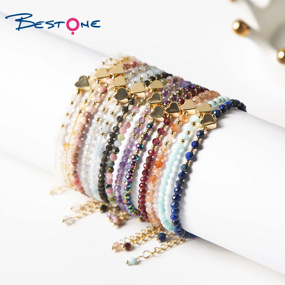 Bestone Small Natural Gemstone Beads Bracelet Gold Heart Charm Bracelet for Women Crystal Stone Beads Bracelet