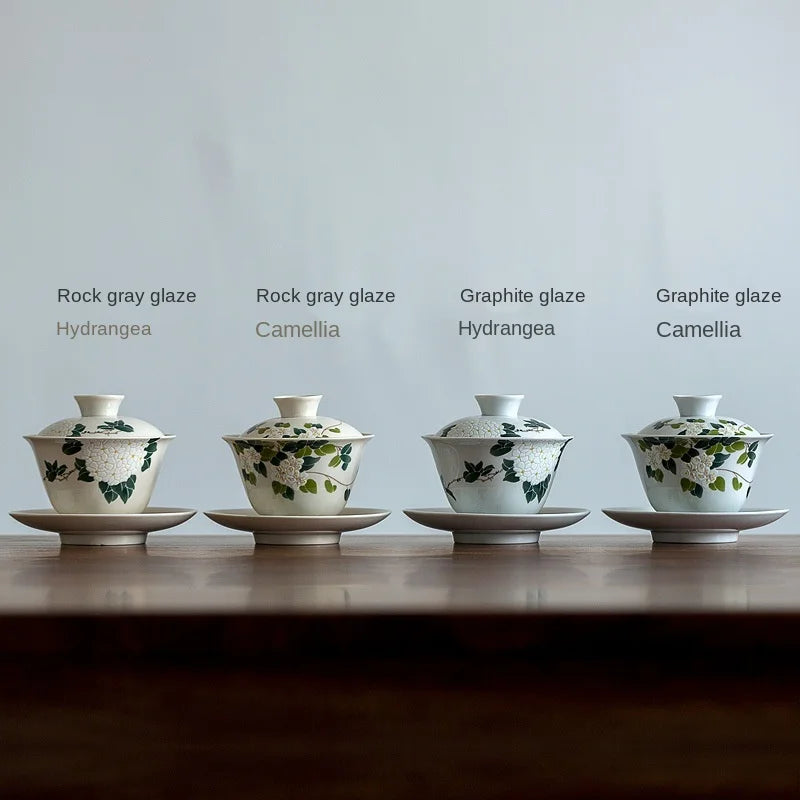Japanese-style Retro Grass and Wood Gray Ceramic Cover Bowl Kung Fu Tea Set  Minimalist Sancai Gaiwan Tea Cup Office Set