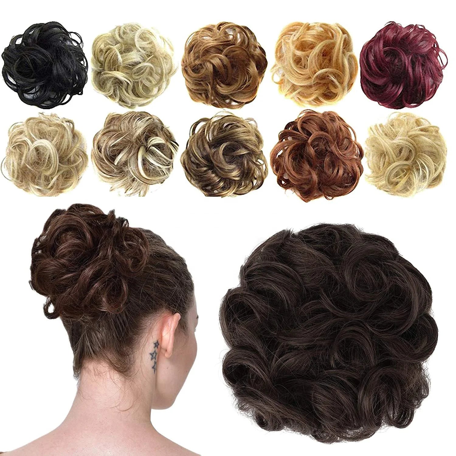 Natural Wave Scrunchie Chignon Hair Bun With Rubber Band Hair Ring Wrap on Messy Hair Bun Ponytails