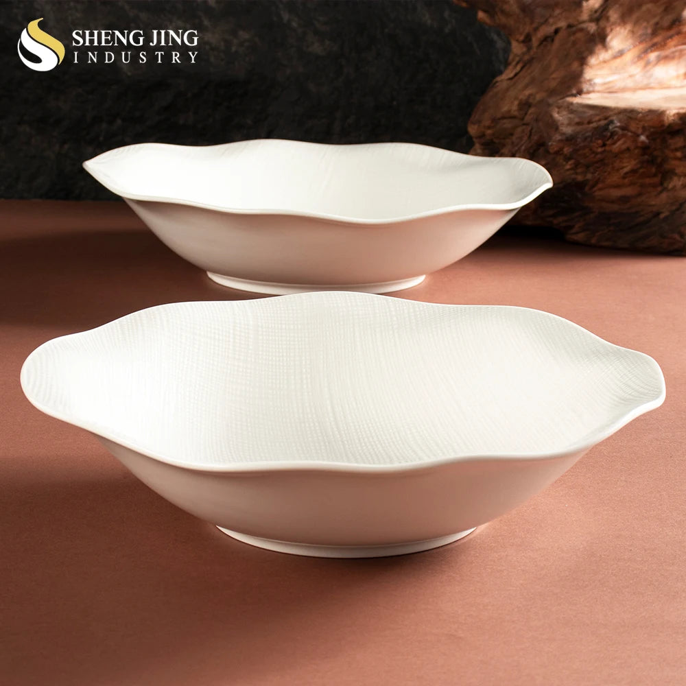 Home Restaurant White Ceramic Glaze Large Capacity Deep Salad Soup Bowl Set for Catering Porcelain Fruit Serving Dishes