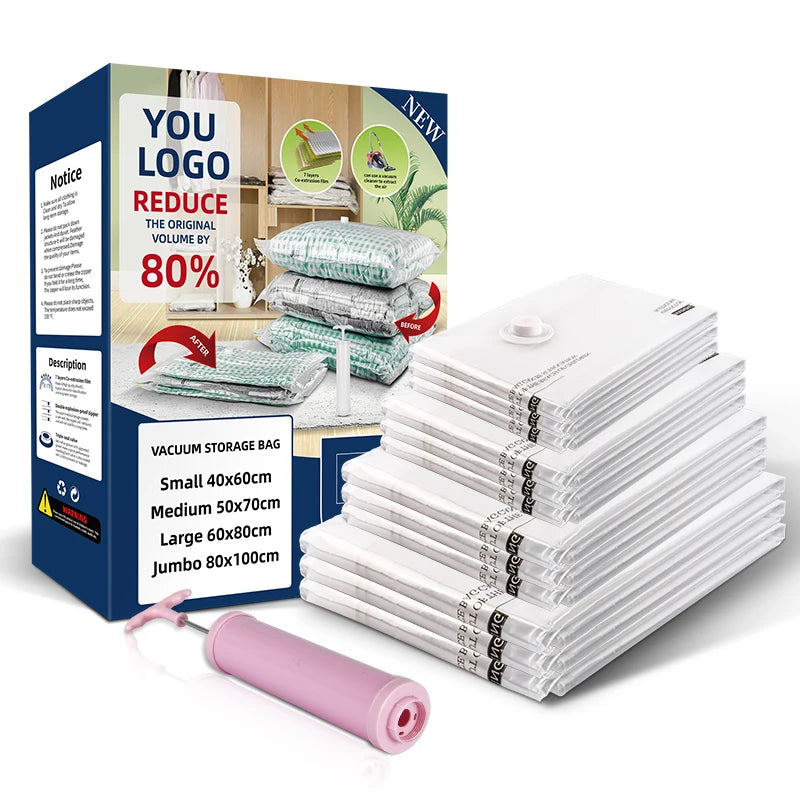 Compressed Bag 80% Space 12 Pack 80 Microns Vacuum Bag for Clothes Blanket Pillows
