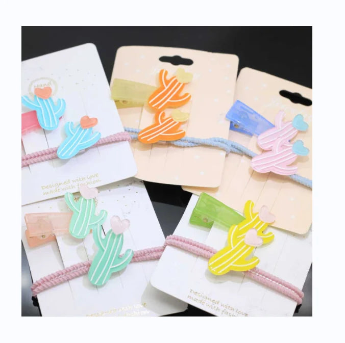 Double Cord Elastic Hair Tie With Acrylic Charm Attachment Cute Cactus Hair Ties Ponytail Holder Women Kids Hair Accessories