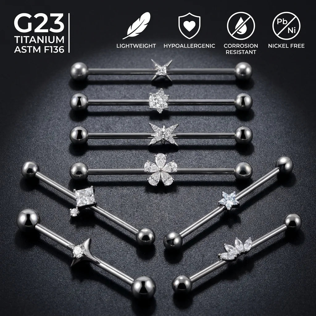 ASTM F136 G23 Titanium Implant Grade Industrial Barbell Externally Threaded Long Earring CZ Cartilage Body Piercing Jewelry