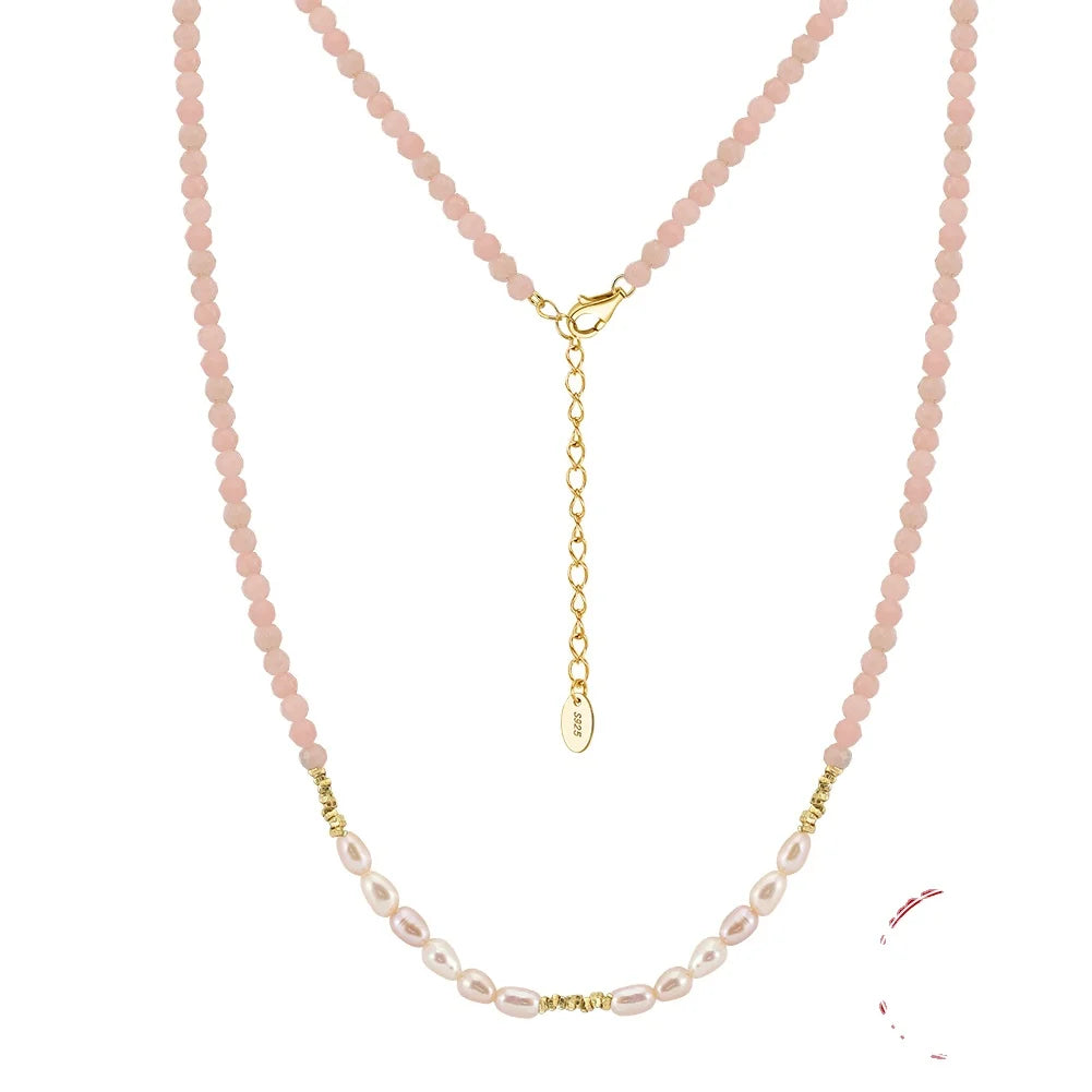 MPN05 Hot Sale Natural Rose Quartz White Freshwater Baroque Pearl Beads Chain Necklace Women Beaded 925 Silver Necklace