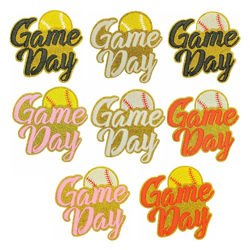 Wholesale Baseball Football Team Embroidery Gameday Patches Custom Iron on Gold Glitter Embroidered Patches for Hat Clothing