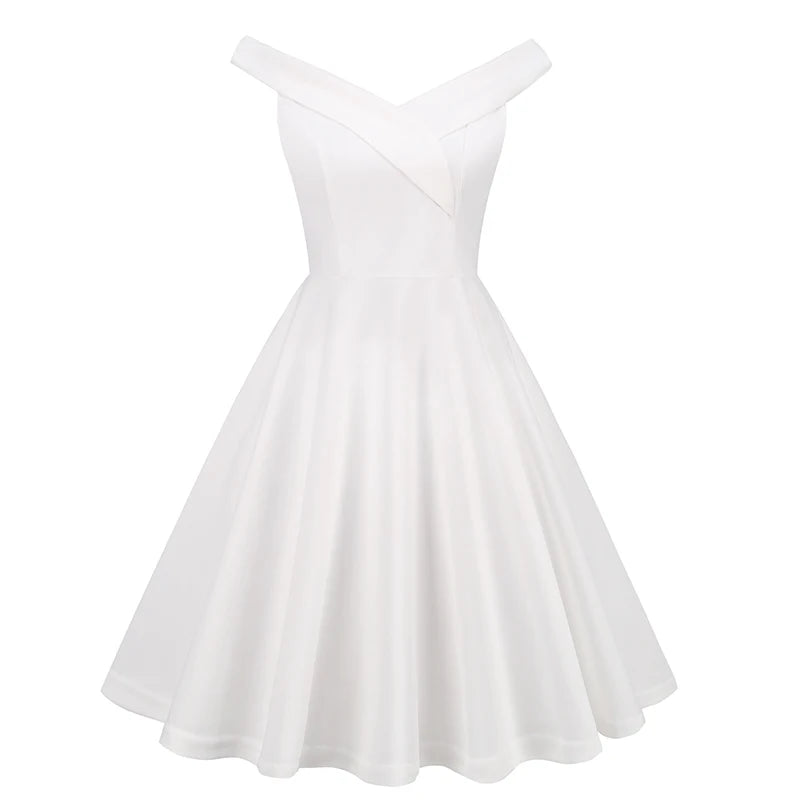 Wholesale Women Party Dress 2022 Elegant Vintage off Shoulder Sleeveless Dress Beige Retro Backless Swing Dress