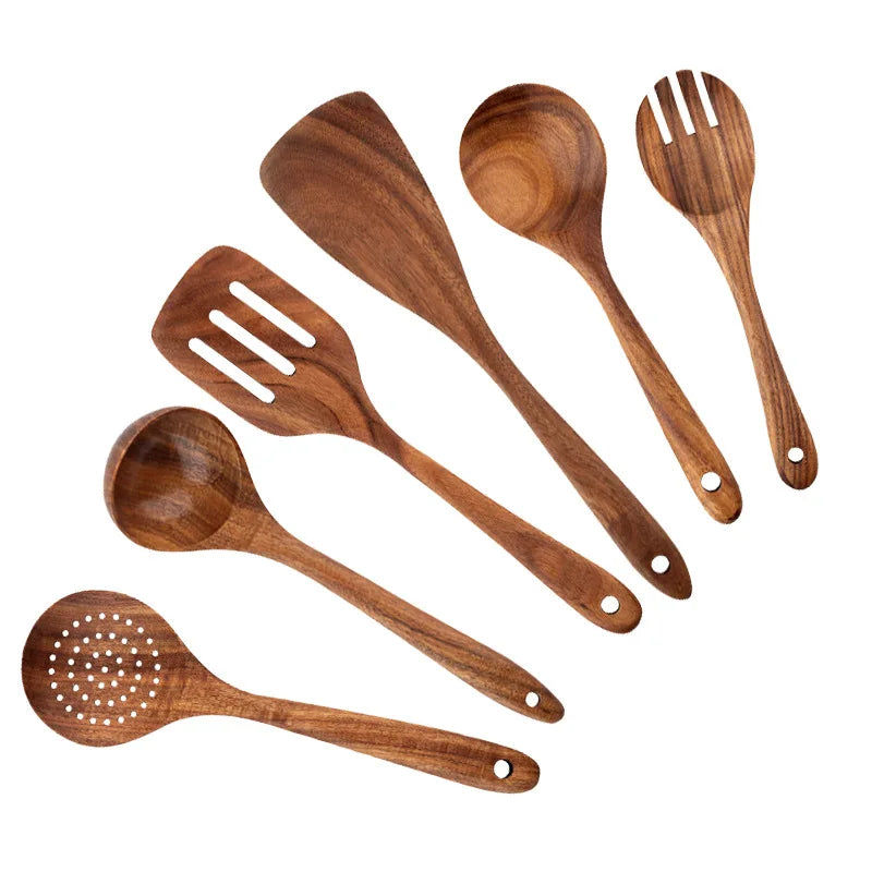 Bamboo Wood Cooking Utensil Set with Holder-6-Piece Natural Sustainable Spatulas for Home Kitchen All-Season Use