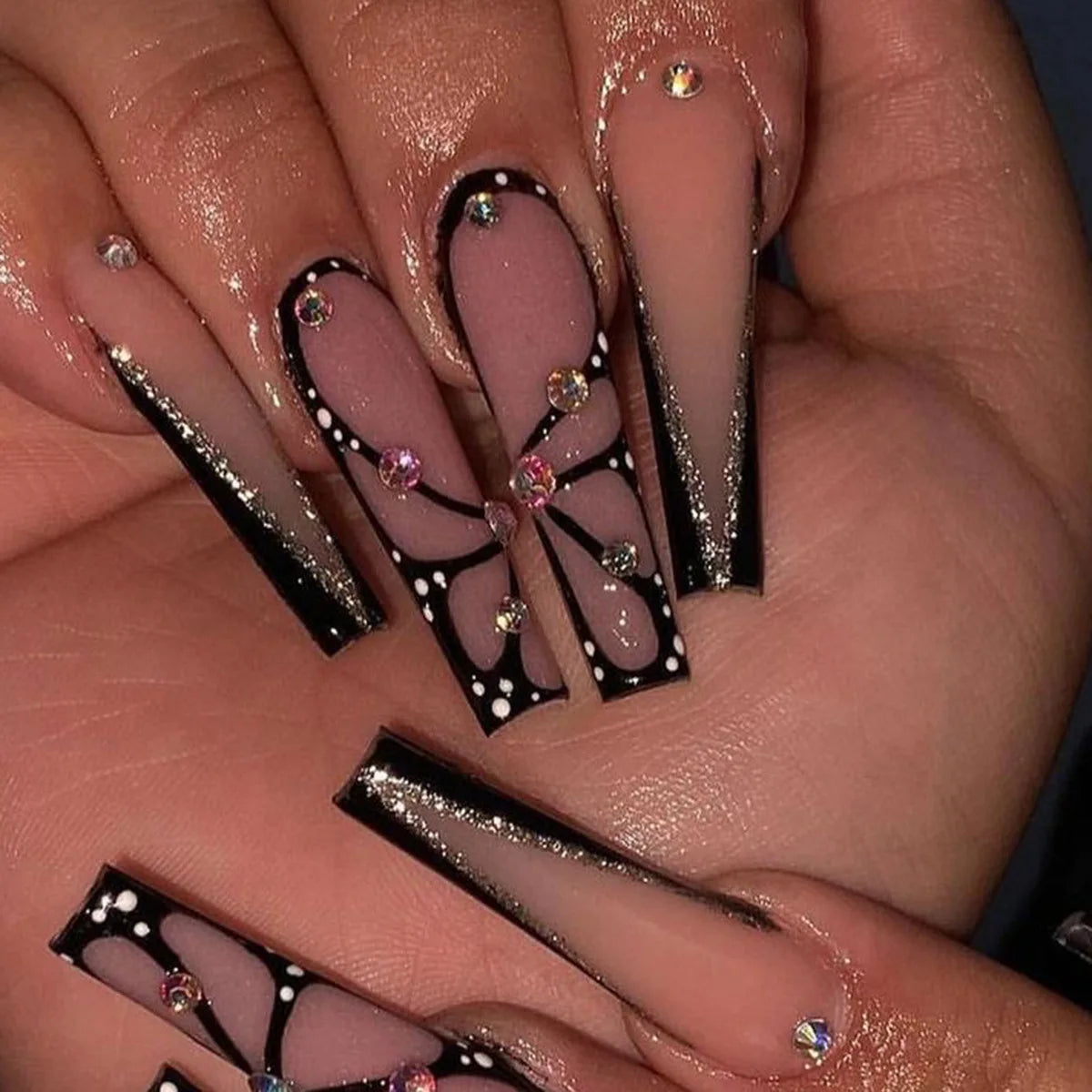 24pcs Matt Ballerina Nails Tip Custom Acrylic Press on Nails Coffin Artificial Fingernails Tips With Shining Butterfly for Women