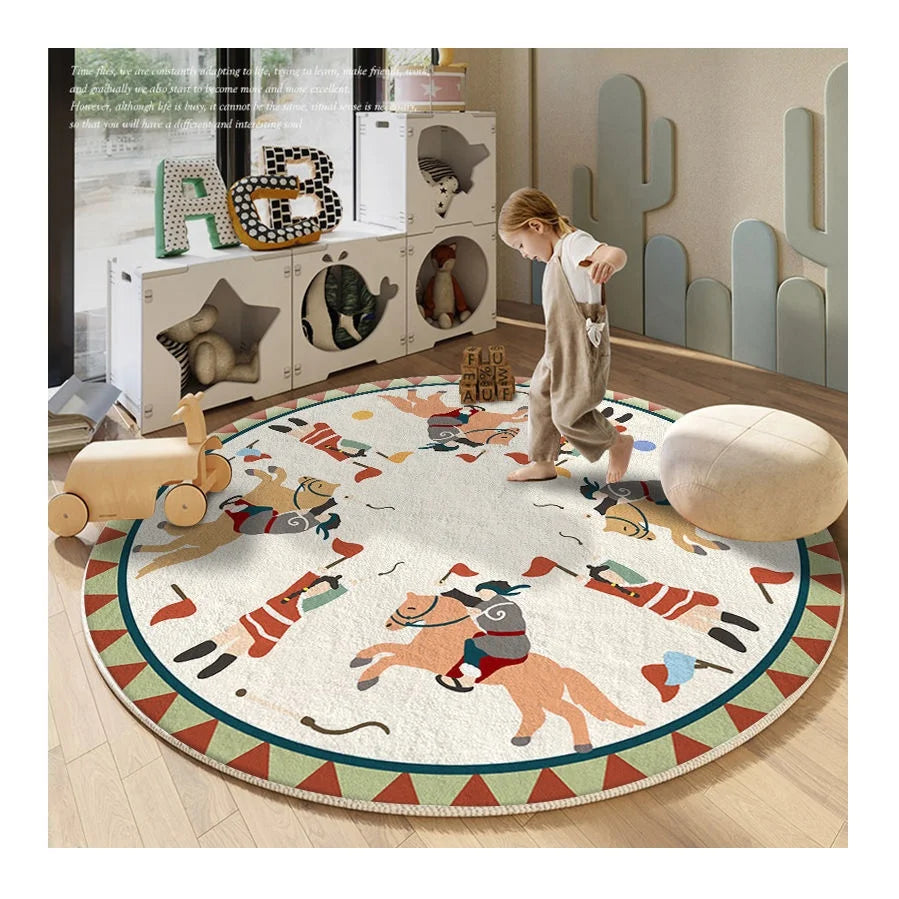 Soldiers and Horses Soft Round Shape 3D Printed Children Carpet Eco-Friendly Nursery Rug