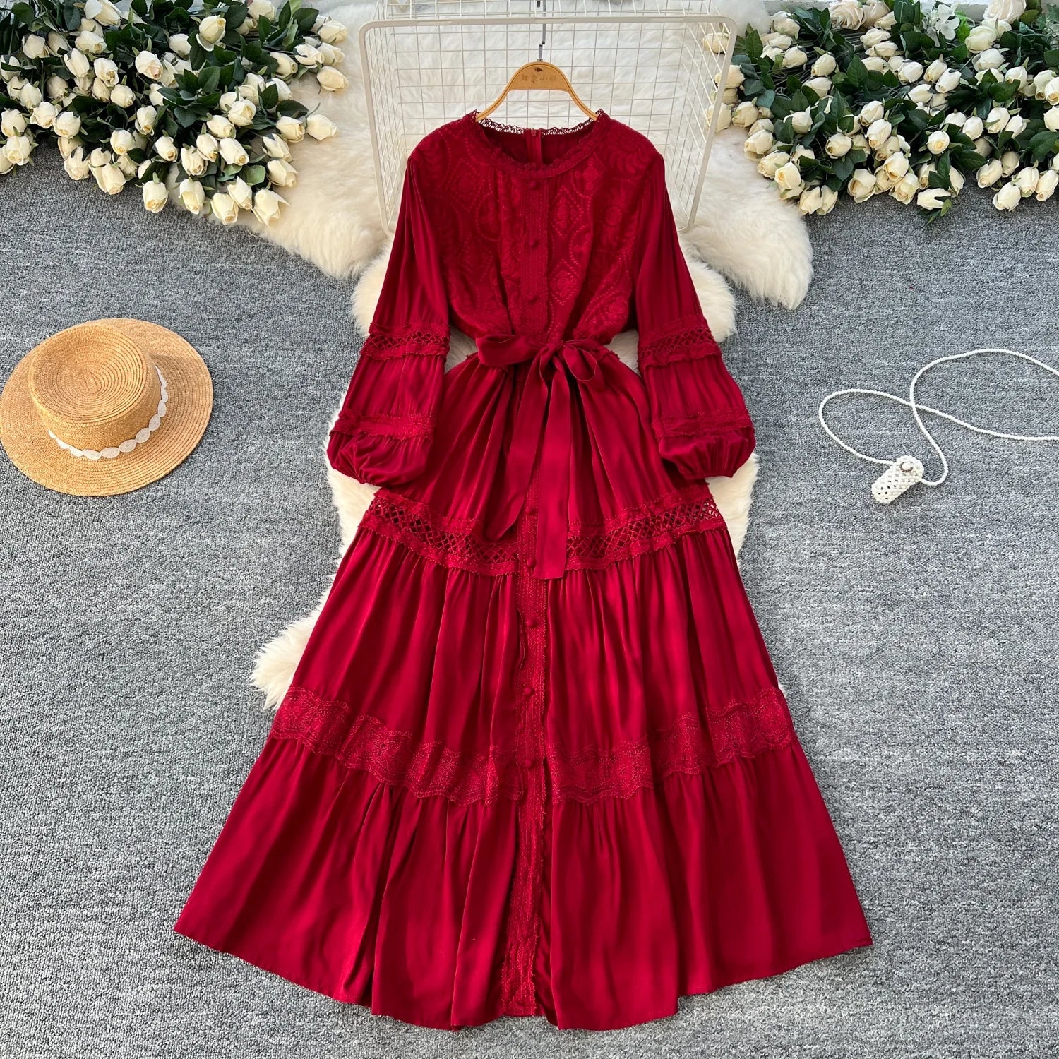 French Dress Women 2025 New Advanced Lace  Waist Lantern Sleeve Dress