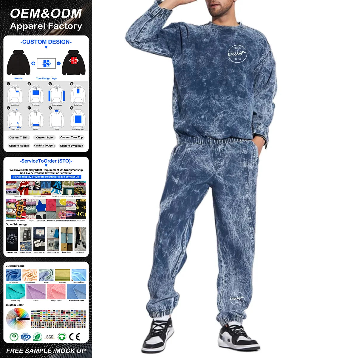 OEM Custom Embroidered Patch Logo Vintage Sweatshirt and Sweatpants Two Piece Set Sweatsuit  Acid Wash Men Tracksuit