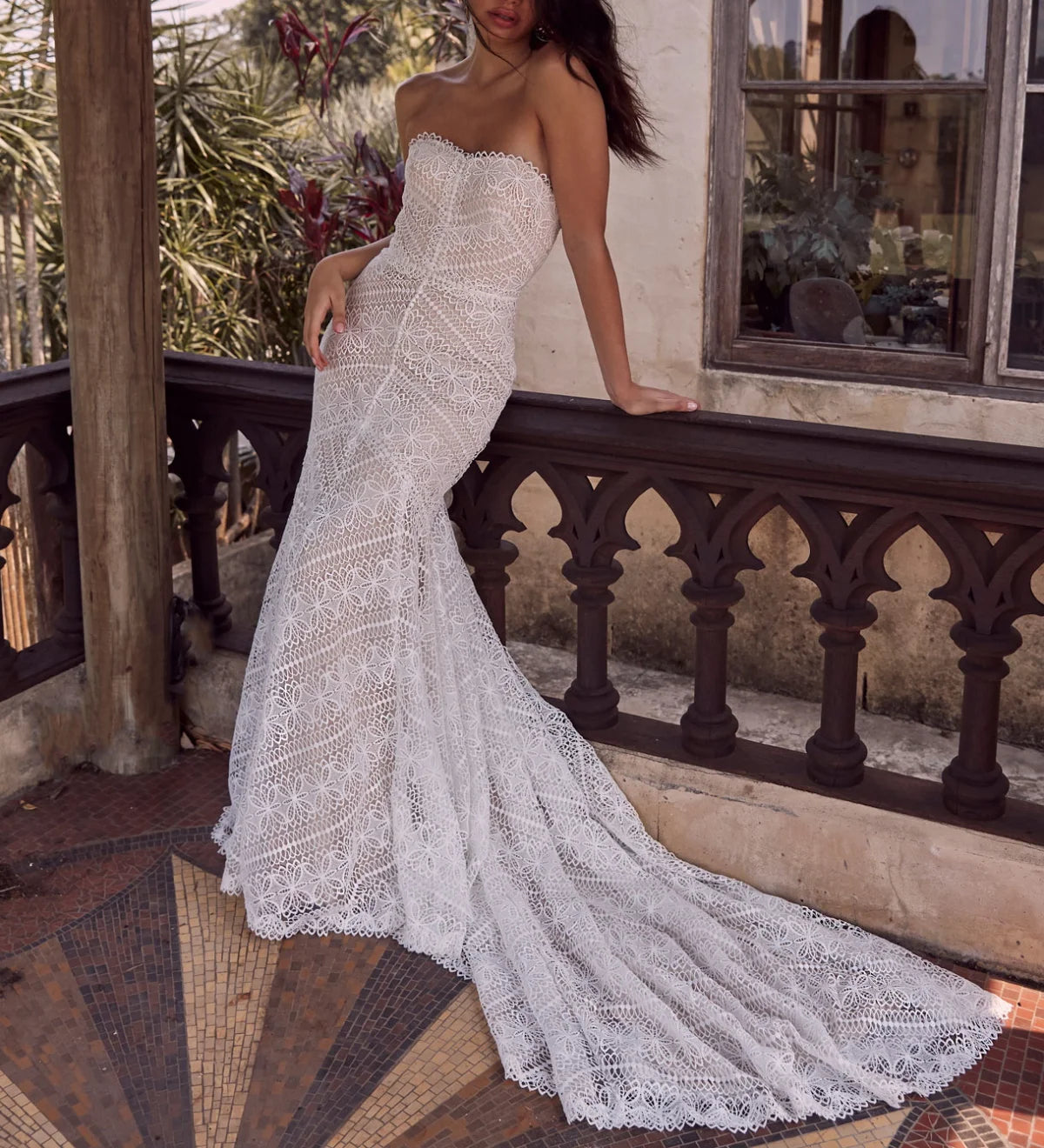11741#Bohemian Strapless Sleeveless Mermaid Maxi Boho Sweetheart Open Back Sweep Train Lace Wedding Dress Wedding Bridal Gown