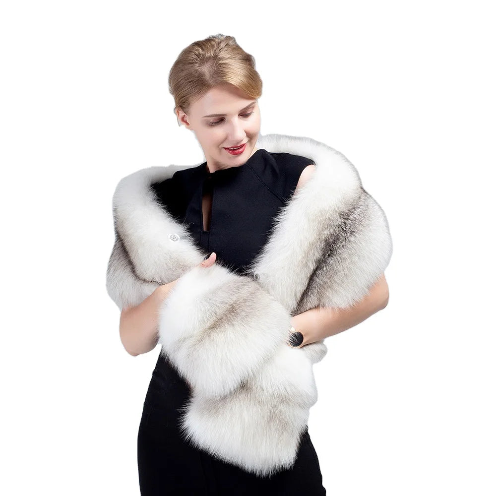 MWFur Fox Fur Shawl Fox Fur Stole for Women Girls Winter Fashion Women Big Fox Hair Stole Wrap with Pockets