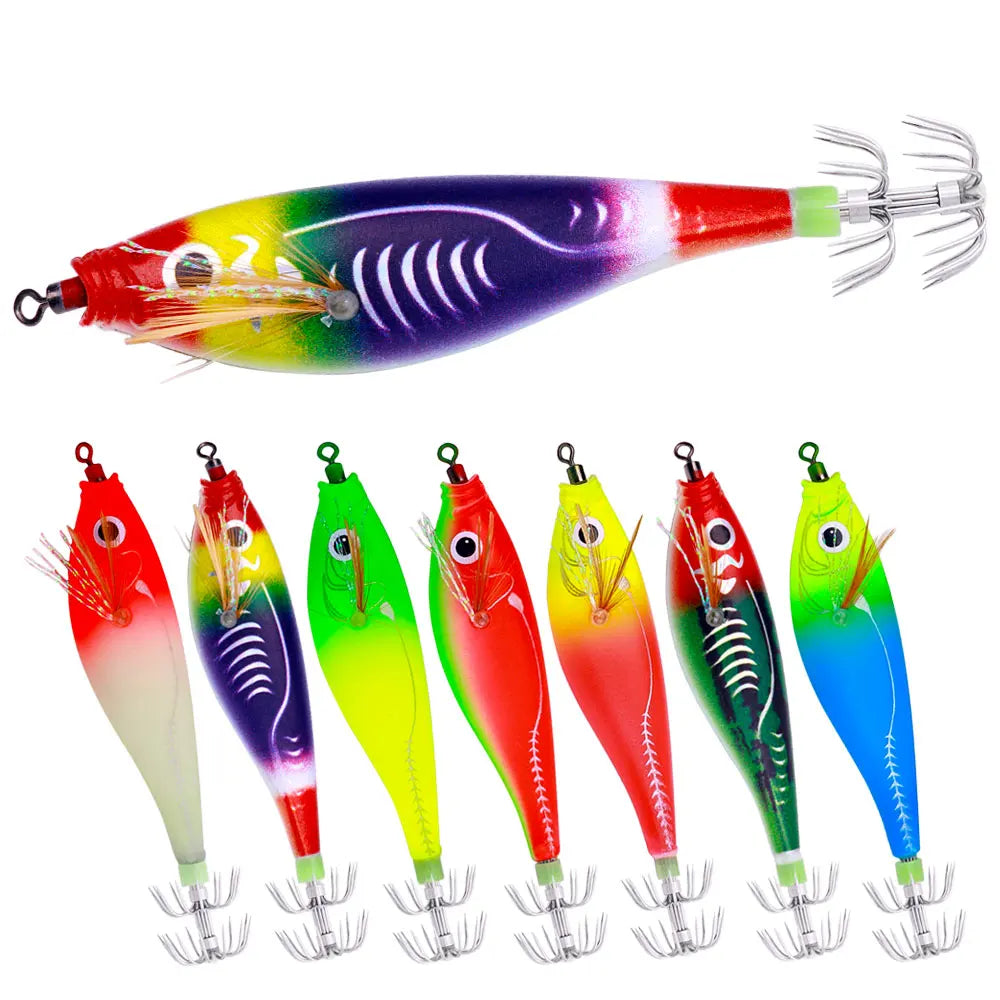 Wholesale SJ051 9.5cm 10g Saltwater Luminous Wooden Shrimp Baits Octopus Squid Jig Fishing Lures