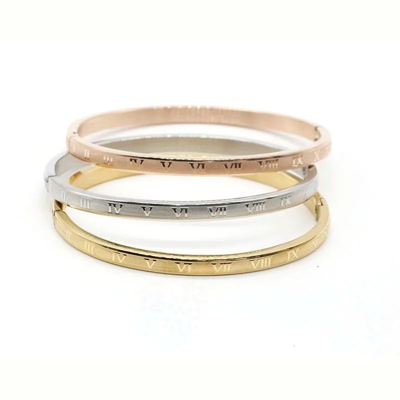 Stainless Steel Jewelry Tarnish Free Gold Rose Gold Steel Color Stainless Steel Bangle Bracelet Sets Roman Numeral Bracelet Set