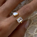 J&D Delicate 18K Gold Plated Stainless Steel Rectangular CZ Open Adjustable Rings