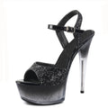 Black Sequin Stiletto 15 cm Women's Buckle High Heels Model Show Thick Platform Leaky Toe Women's 6-inch Sandals