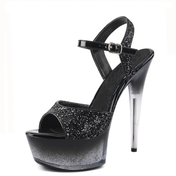 Black Sequin Stiletto 15 cm Women's Buckle High Heels Model Show Thick Platform Leaky Toe Women's 6-inch Sandals