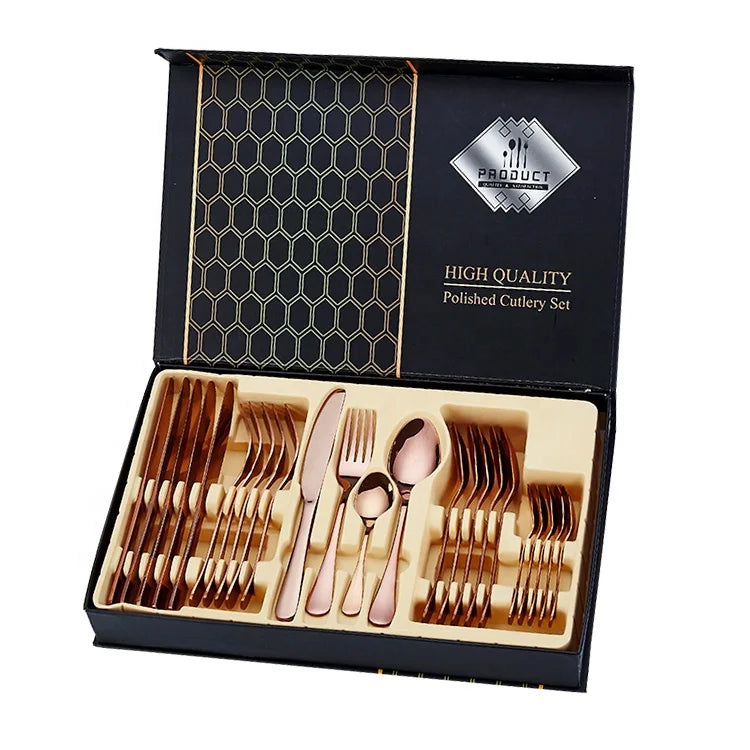Food Grade High Quality Mirror Polish PVD Coating Rose Gold Stainless Steel Flatware Set 24 Pcs Back to School Gift Box