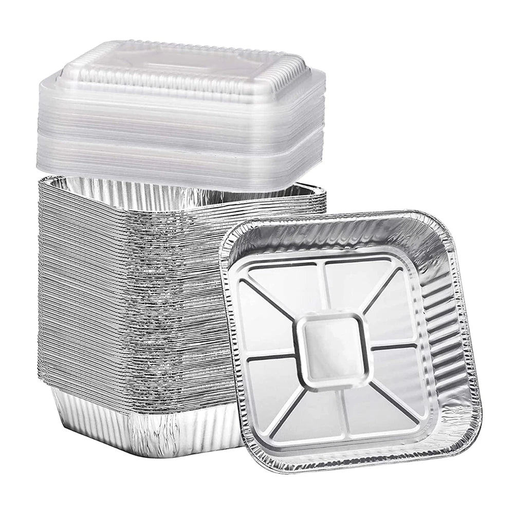 8''x 8'' Heavy Duty Disposable Aluminum Foil Containers Square Takeaway Food Tray Baking Pans with Plastic Lid