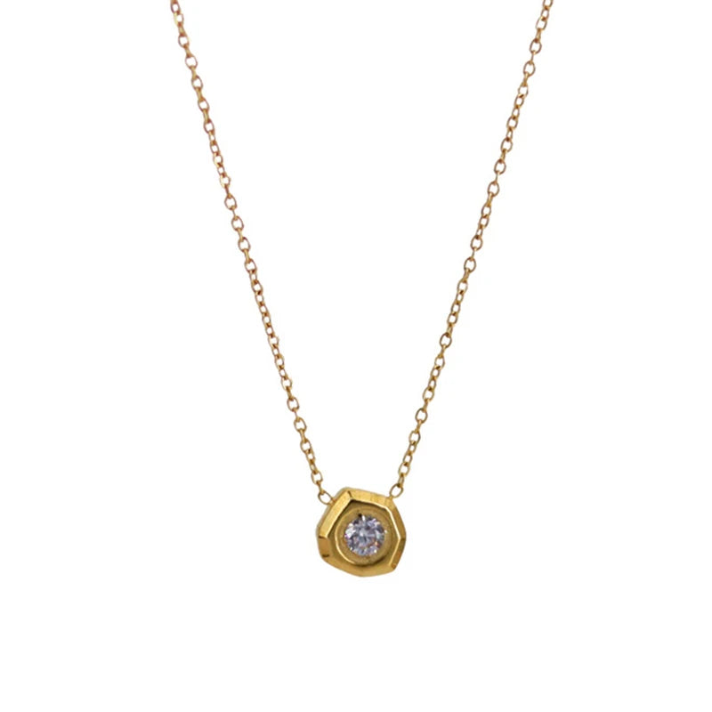 Compass Star Geometric Single Clear White Diamond Necklace 18 Karat Gold Plated Tarnish Free Stainless Steel Pendant Jewelry