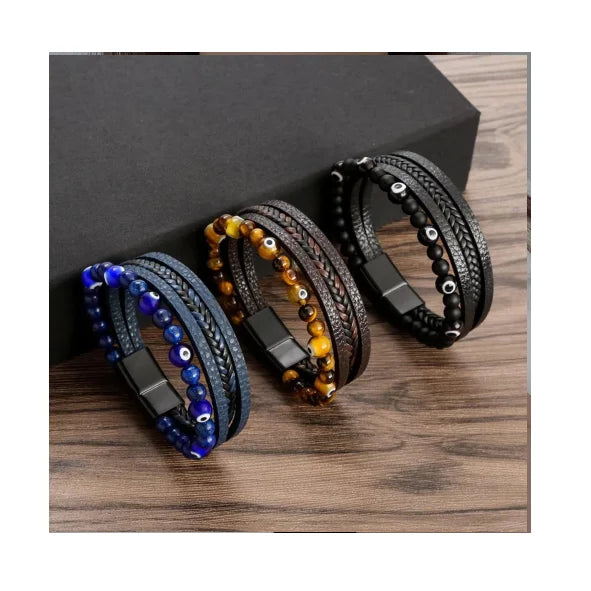Lucky Turkish Demon Eye Beaded Bracelet for Men Retro Fashion Magnetic Multi Layer Natural Stone Eyes Leather Bracelet