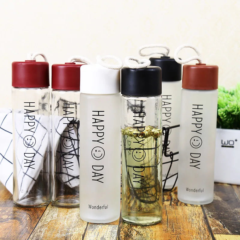 Eco Friendly Portable Smile Face Frosted Glass Water Bottle Glasses Drinking Bottles Handy Cup