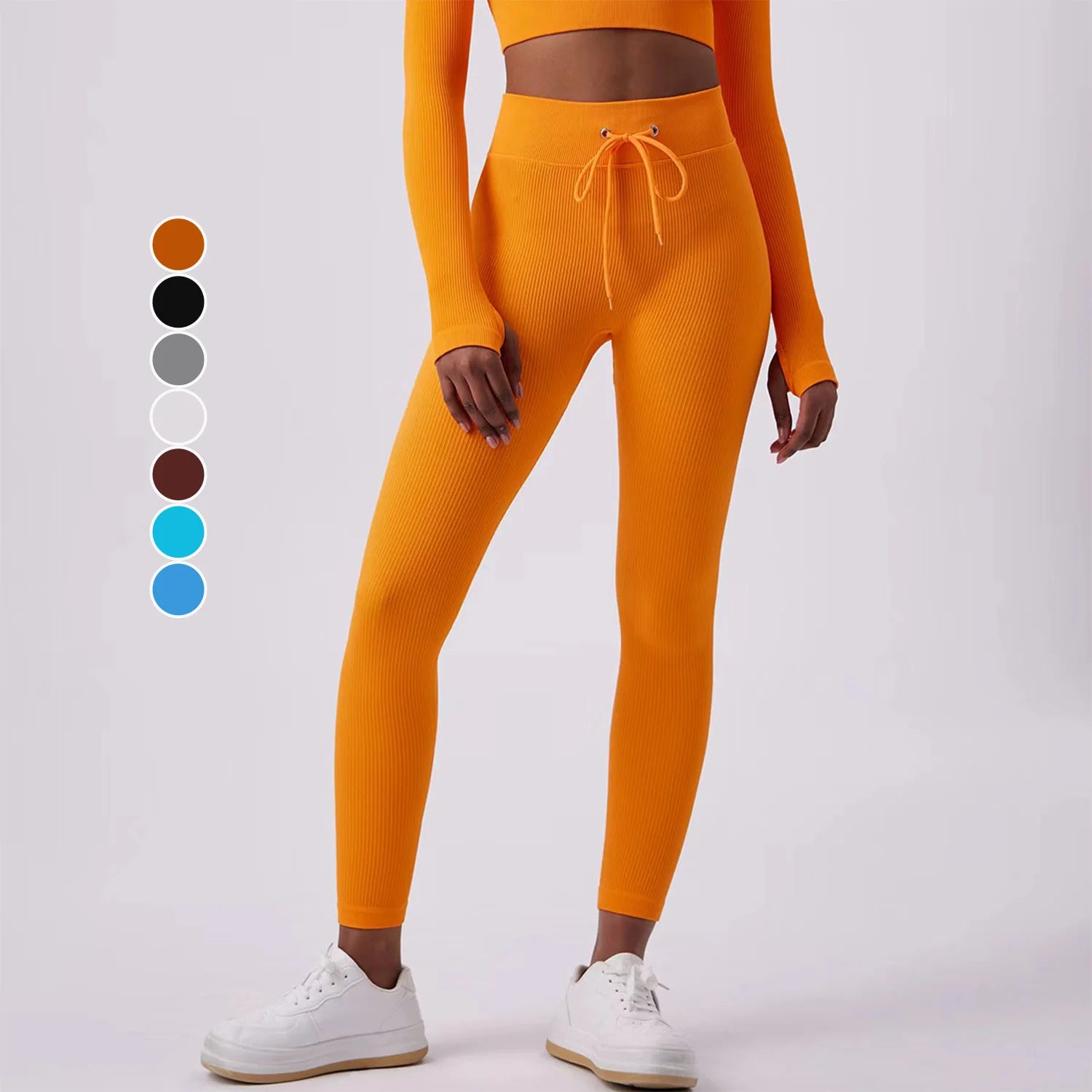 Custom Logo Seamless Women's High Waist Fitness Yoga Leggings Adjustable Rope European American Style Peach Hip Sports Pants