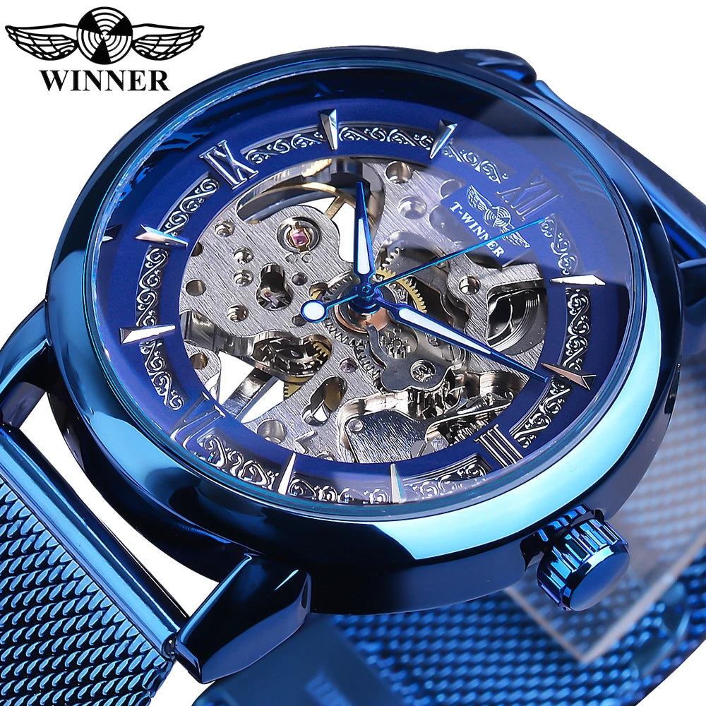 WINNER Gold Black Skeleton Watch for Men Luxury Mechanical Wristwatch Royal Design Retro Man Watches Luminous Clock Relogio