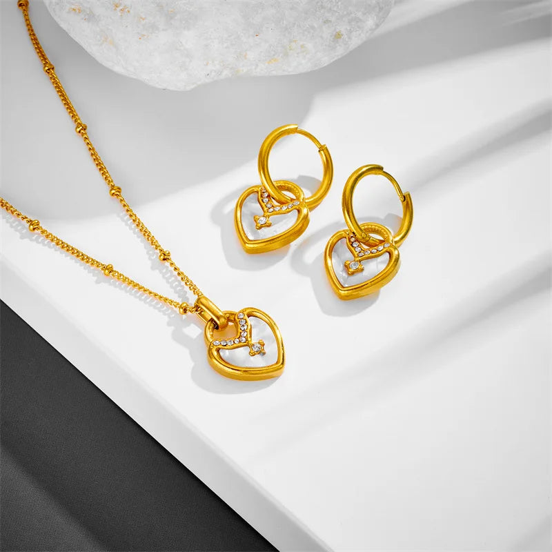 Nabest Stainless Steel Vintage Heart Shell Pendant Necklace Earring Jewelry Sets Gold Plated Chokers Hoop Earrings Kits