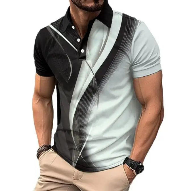 Men's Casual POLO Shirt With Printed Lapel Button Business Shirts Color Block Versatile T-shirt