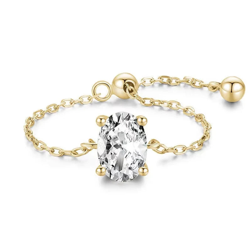 Hot Wholesale Gold Plated CZ Stone Rings Jewelry Geometric Zircon Oval Cut Adjustable Chain Rings 925 Sterling Silver