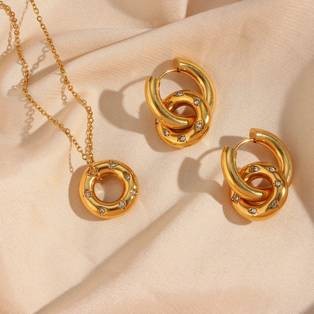 Luxurious Jewelry 18K Gold Plated Stainless Steel Geometric Circle Zircon Necklaces Earring Jewelry Set